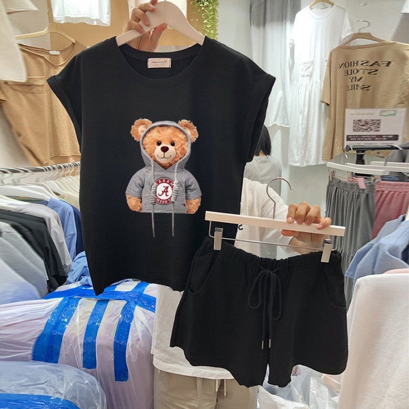 Summer 2024 Korean Casual T-Shirt Shorts Set Little Bear Black 