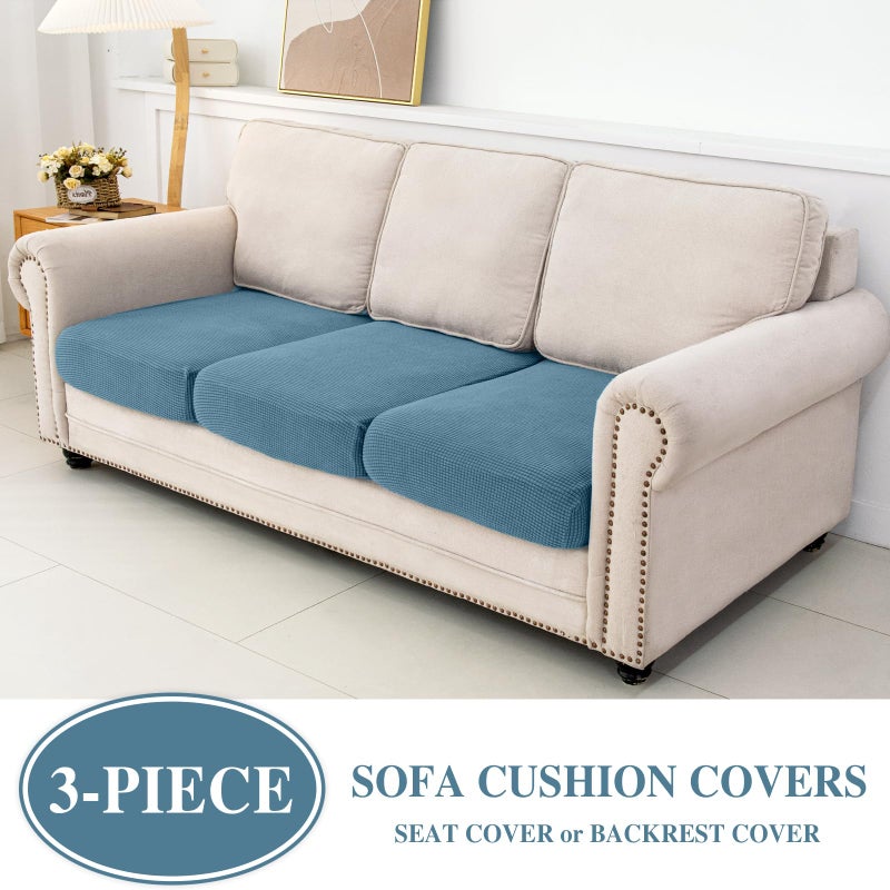 LA MEACK Couch Cushion Covers Seat Cushion Cover Stretch Couch Cover Separate Sectional Sofa Slipcovers Furniture Protector(3 Pieces for Seat or Sofa Backrest, Blue) - Image 2
