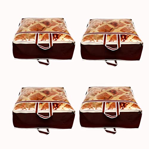 AARON INC Presents Non Woven Blanket Storage Bag With Front Handle Large Transparent Clear Window Large Size Storage Bag Cover Under Bed Storage (Brown Pack of 4) - Image 1