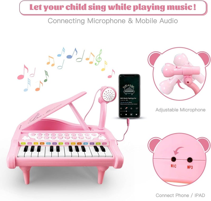 Love&Mini Piano Keyboard Toy for Girls - 24 Keys Toddler Piano Music Toy Instruments with Microphone, Pink Piano Toys for 1 2 3 Years Old Girls Birthday Xmas Gift - Image 3
