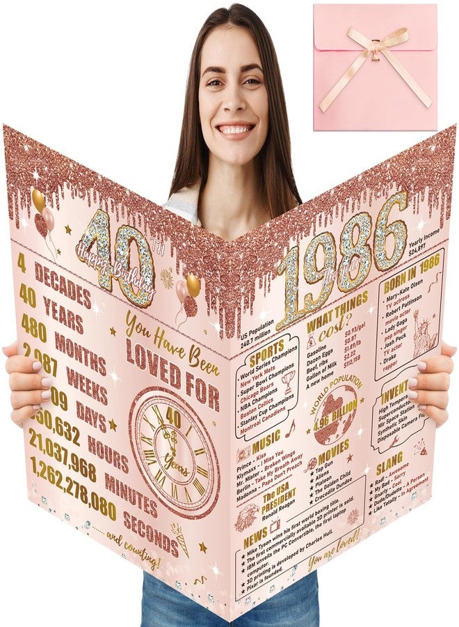 Turypaty Large 40th Birthday Card With Envelope for Women, Pink Rose Gold The Year 1985 Happy 40th Birthday Giant Guest Signature Book Gift, Extra Big Forty Greeting Card Decoration Party Supply - Image 1