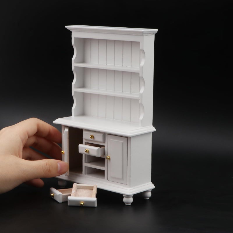 Cutemini 112 Scale Miniature Cupboard Bookshelf Classic Wooden Mini Storage Hutch Kitchen Dollhouse Bookshelf Wood Cabinet 112 Furniture Display Showcase Decoration Sideboard Accessories White - Image 3