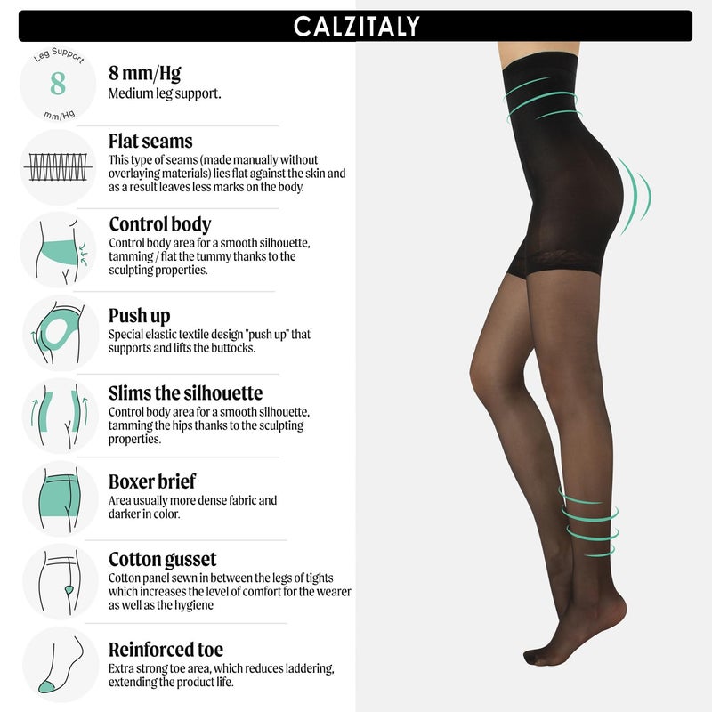 CALZITALY High Waist tights Control Top Shaping Nylons, Shaping Pantyhose, 20 Denier Sheer Shaping Tights for All Day Use (Large, Black) - Image 2