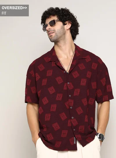 كامبوس سوترا Men's Burgundy Red Indie-Cuban Oversized Shirt