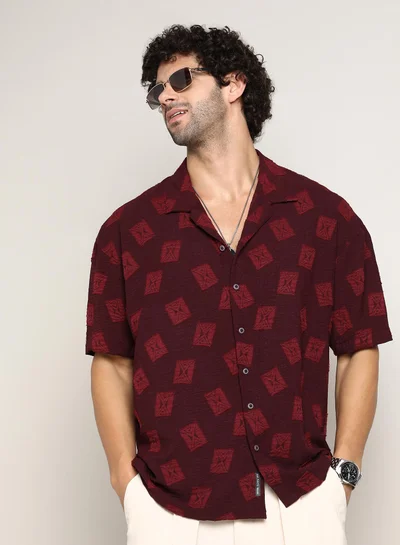 كامبوس سوترا Men's Burgundy Red Indie-Cuban Oversized Shirt