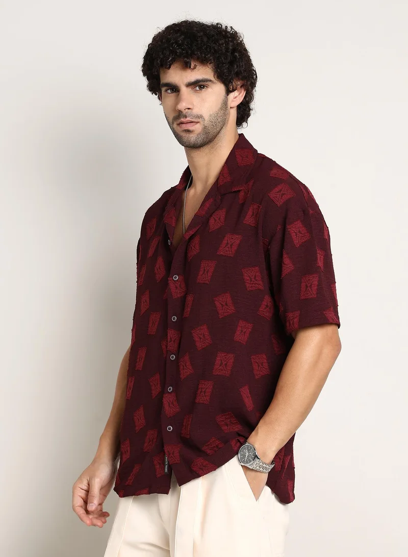 كامبوس سوترا Men's Burgundy Red Indie-Cuban Oversized Shirt