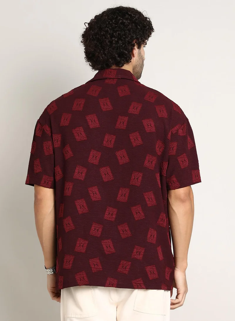 كامبوس سوترا Men's Burgundy Red Indie-Cuban Oversized Shirt