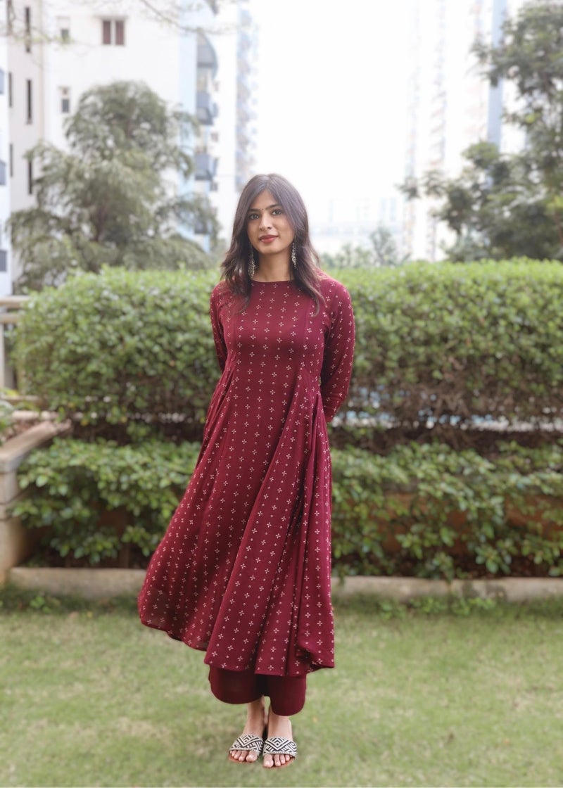 GoSriKi Women's Rayon Viscose Printed Anarkali Kurta with Pant (Candela Maroon-GS_M_Maroon_Medium) - Image 3