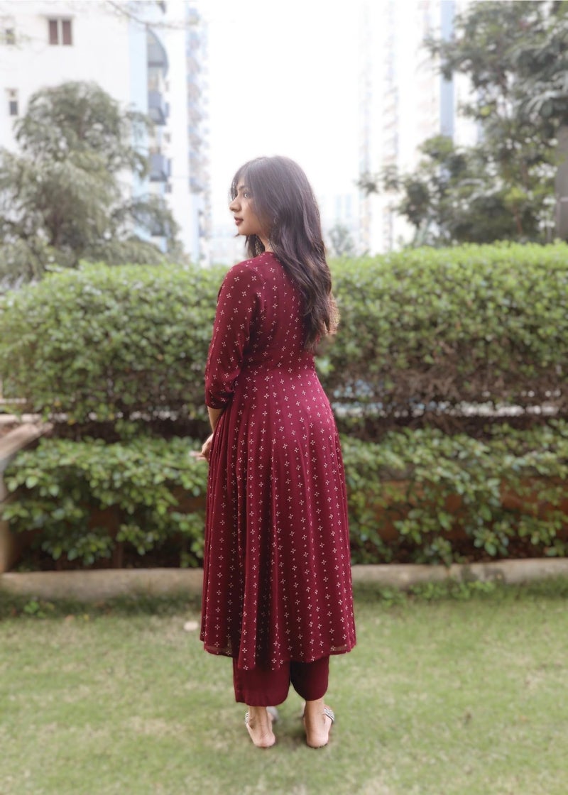 GoSriKi Women's Rayon Viscose Printed Anarkali Kurta with Pant (Candela Maroon-GS_M_Maroon_Medium) - Image 2