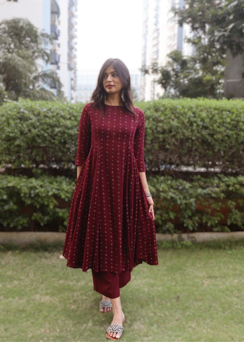 GoSriKi Women's Rayon Viscose Printed Anarkali Kurta with Pant (Candela Maroon-GS_M_Maroon_Medium) - Image 5