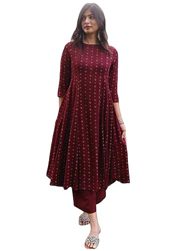 GoSriKi Women's Rayon Viscose Printed Anarkali Kurta with Pant (Candela Maroon-GS_M_Maroon_Medium) - Image 4