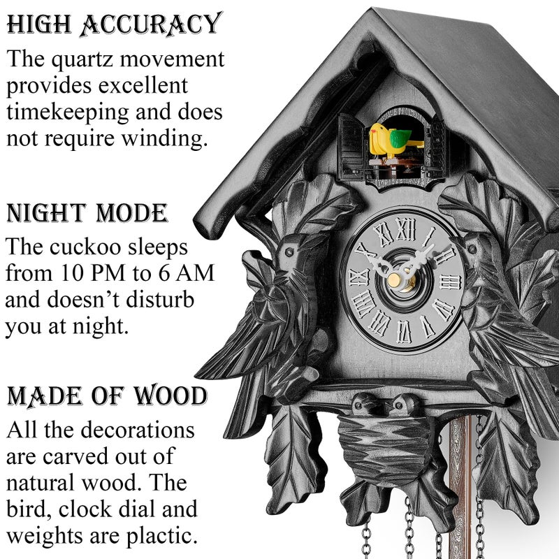 TIMEGEAR Cuckoo Clock with Night Mode, Singing Bird, Wooden Decorations and Swinging Pendulum - Image 2