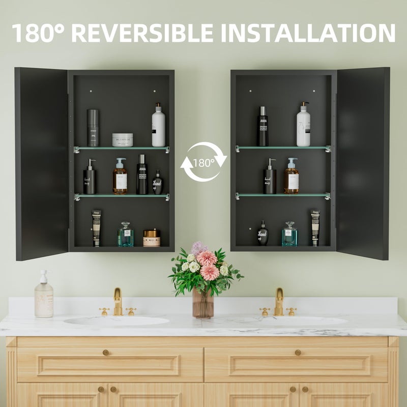 Buruis 14"x 24" Small Framed Medicine Cabinet with Mirror, Compact Recessed or Wall Mounted Bathroom Cabinet, Adjustable Tempered Glass Shelves, Left/Right Open Reversible, No Assembly Required, Black - Image 5
