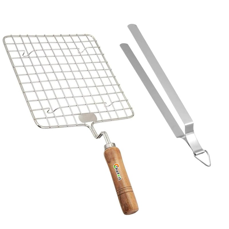 Stainless Steel Square Roaster | Steel Tong Chimta |Tandoor/Barbeque/Roti/Papad Jali | Griller with Wooden Handle
