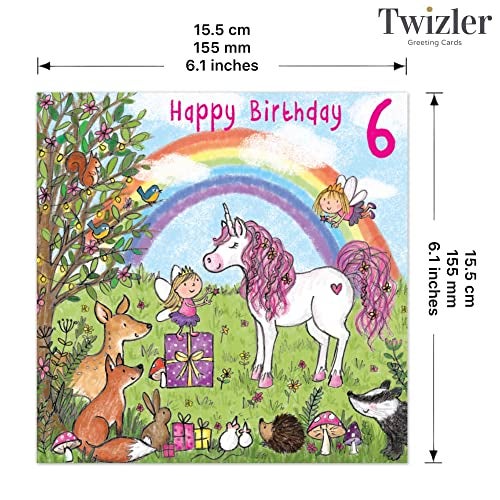TWIZLER 6th Birthday Card Girl with Unicorn, Multicolor, 6.1 x 6.1 in - Image 3