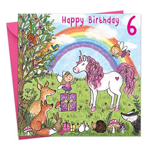 TWIZLER 6th Birthday Card Girl with Unicorn, Multicolor, 6.1 x 6.1 in - Image 1