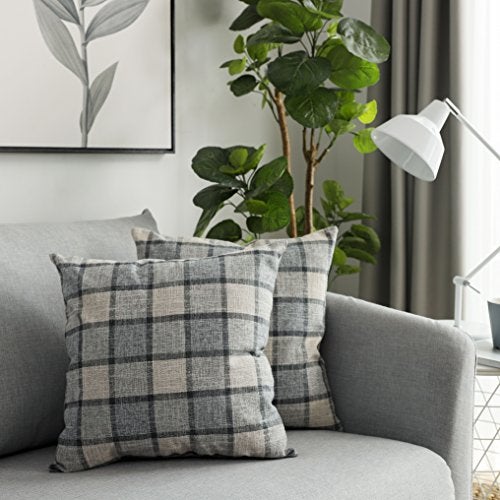 UGS UGASA UGASA Pack of 2 Classic Retro Checkered Plaids Cotton Linen Soft Decorative Square Throw Pillow Covers Home Decor Design Cushion Case for Sofa, 18x18inch, Light Grey + Blue - Image 1