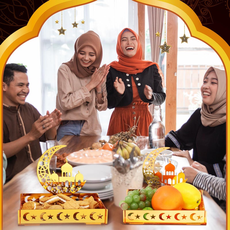DoubleFill Ramadan Serving Tray Gold Eid Mubarak Holder Al-fitr Home Decoration for Moon Star Tray Gold Container for Home Islamic Muslim Party Tableware Kitchen Dessert Food Storage(Mosque) - Image 4