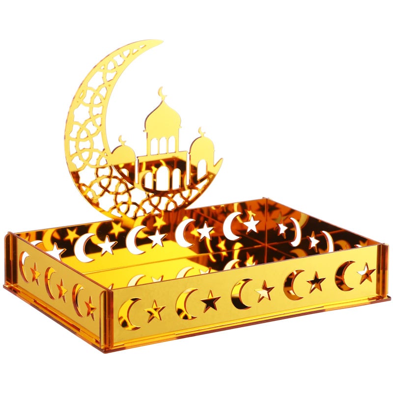 DoubleFill Ramadan Serving Tray Gold Eid Mubarak Holder Al-fitr Home Decoration for Moon Star Tray Gold Container for Home Islamic Muslim Party Tableware Kitchen Dessert Food Storage(Mosque) - Image 1