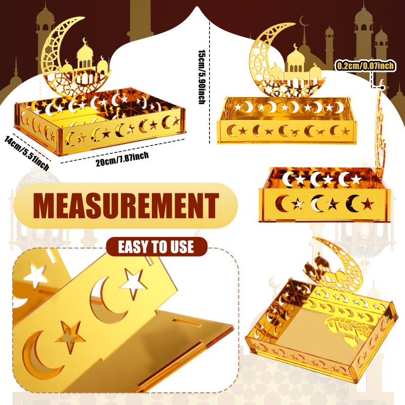 DoubleFill Ramadan Serving Tray Gold Eid Mubarak Holder Al-fitr Home Decoration for Moon Star Tray Gold Container for Home Islamic Muslim Party Tableware Kitchen Dessert Food Storage(Mosque) - Image 2