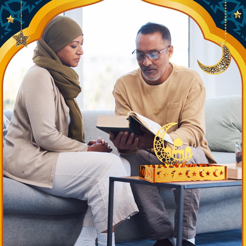 DoubleFill Ramadan Serving Tray Gold Eid Mubarak Holder Al-fitr Home Decoration for Moon Star Tray Gold Container for Home Islamic Muslim Party Tableware Kitchen Dessert Food Storage(Mosque) - Image 3