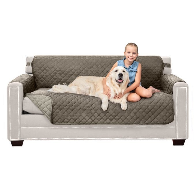 Couch Slip Cover with Patented Strap Cushion Protector Reversible Stain and Dog Tear Resistant Slipcover Quilted Microfiber 62in Seat Washable Covers for Dogs Pets Kids Latte Linen
