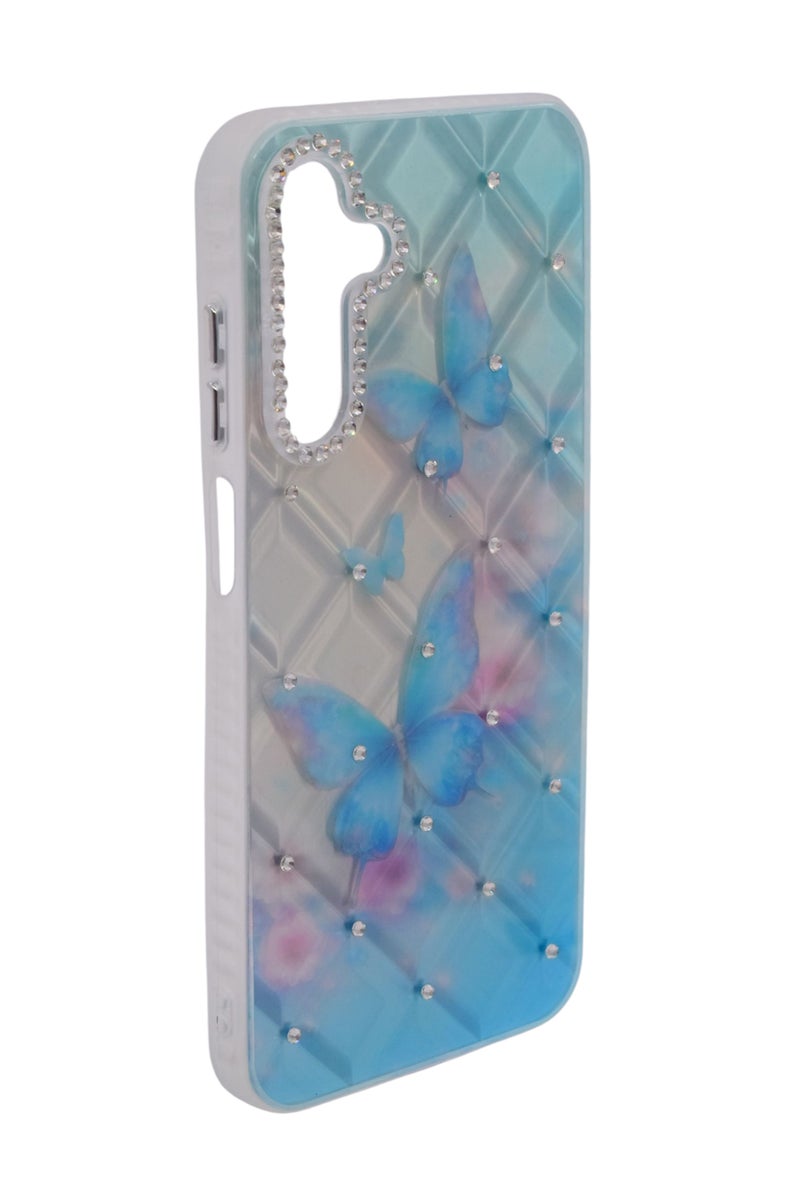 CFS TPU Butterflies Printed Back Cover Case with Rhinestone Camera Border For Samsung Galaxy A15 - Light Blue Transparent - Image 2