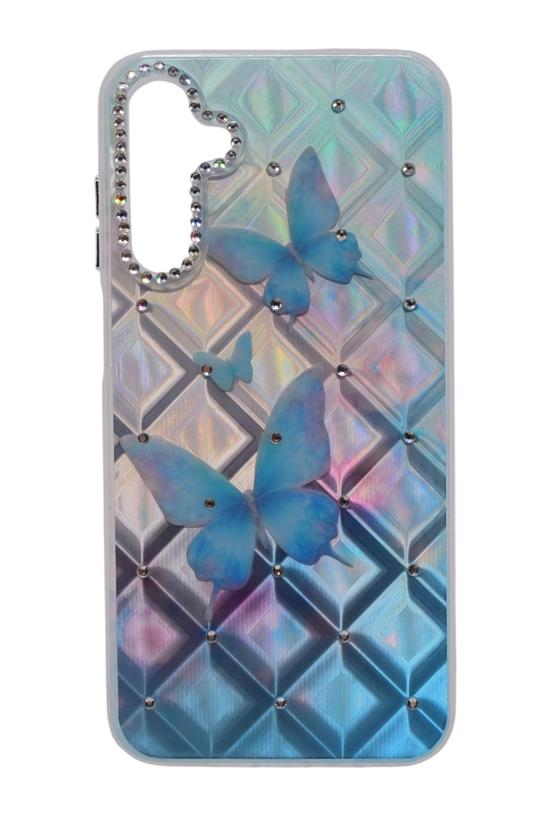 CFS TPU Butterflies Printed Back Cover Case with Rhinestone Camera Border For Samsung Galaxy A15 - Light Blue Transparent - Image 1