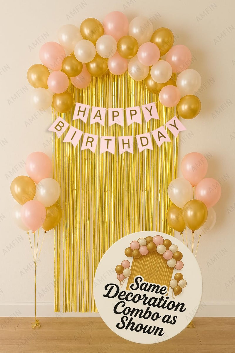 AMFIN (Pack of 34) Backdrop Bliss Birthday Decoration DIY Kit with Balloons, Fringe Curtain and Banner - Light Pink, Gold & White - Image 2