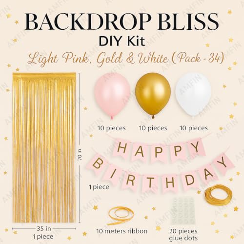 AMFIN (Pack of 34) Backdrop Bliss Birthday Decoration DIY Kit with Balloons, Fringe Curtain and Banner - Light Pink, Gold & White - Image 3