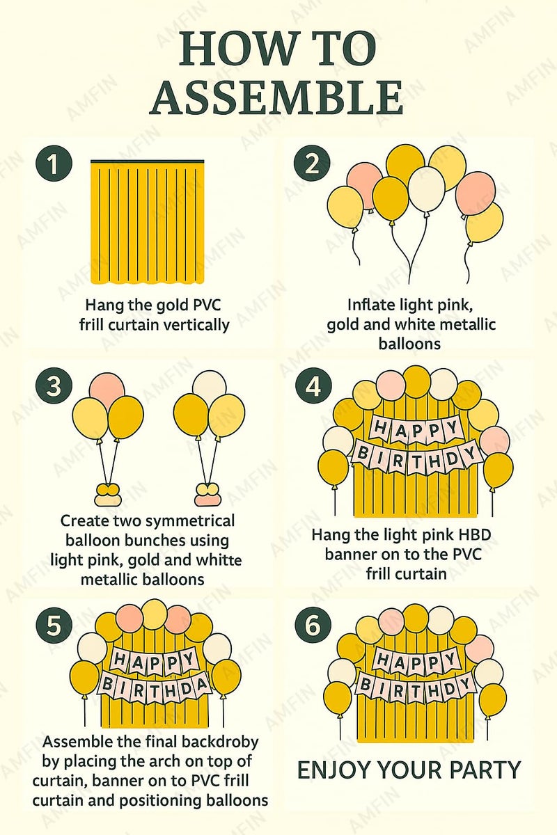 AMFIN (Pack of 34) Backdrop Bliss Birthday Decoration DIY Kit with Balloons, Fringe Curtain and Banner - Light Pink, Gold & White - Image 4