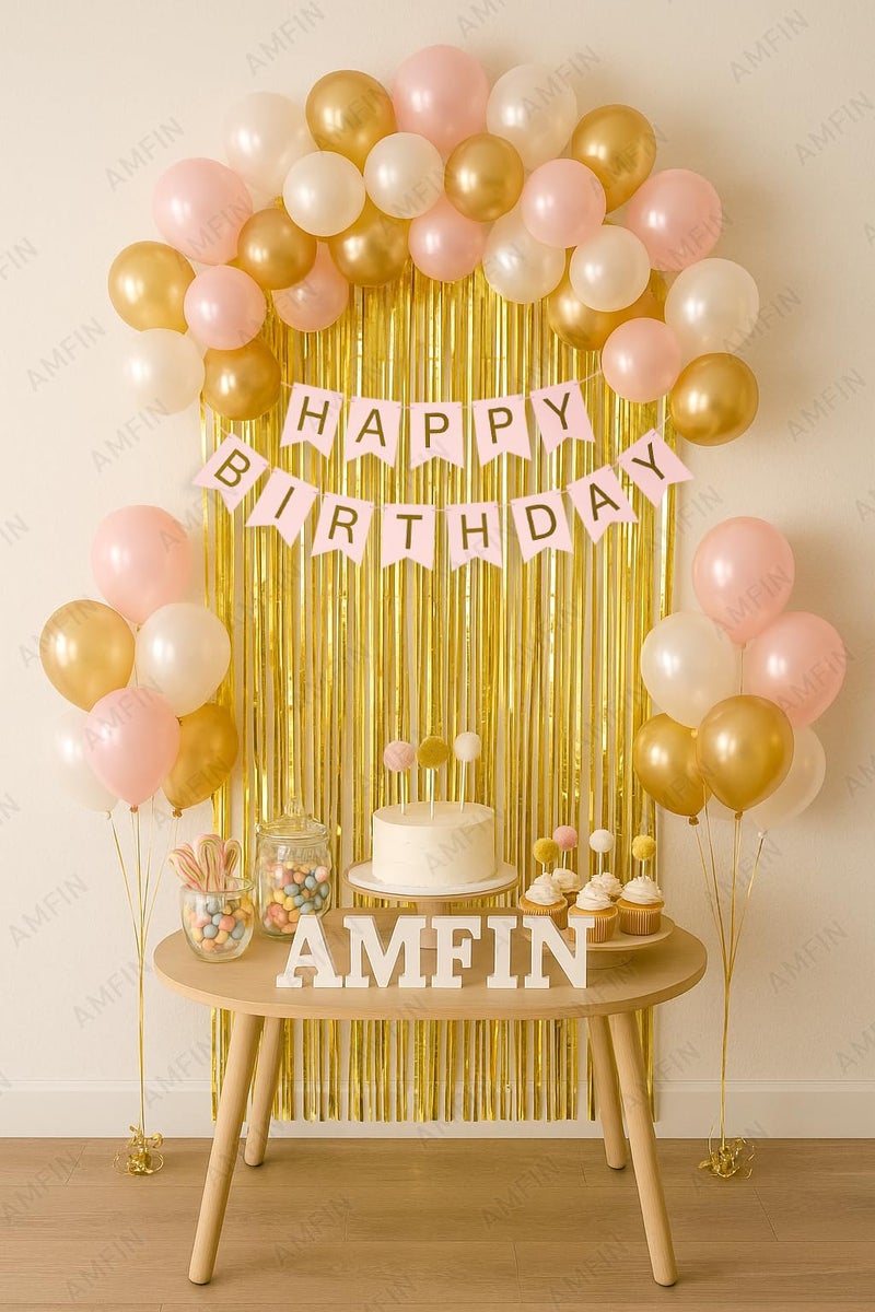 AMFIN (Pack of 34) Backdrop Bliss Birthday Decoration DIY Kit with Balloons, Fringe Curtain and Banner - Light Pink, Gold & White - Image 1