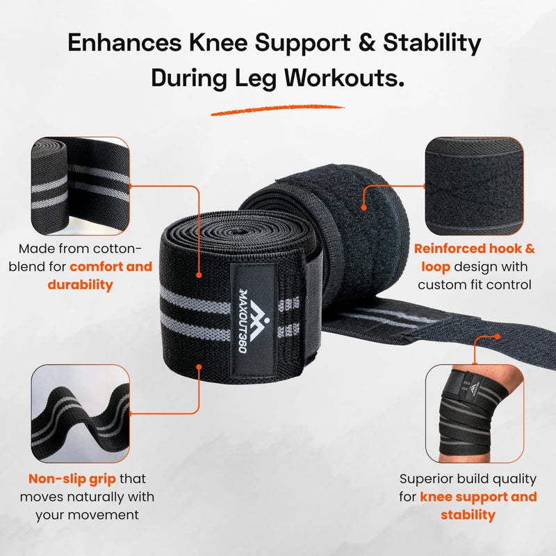 MaxOut360 Knee Wraps for Weightlifting (Pair), 78" Cotton Knee Wrap for Squats & WODs, Knee Straps for Powerlifting with Compression & Elastic Support, Black - Image 2