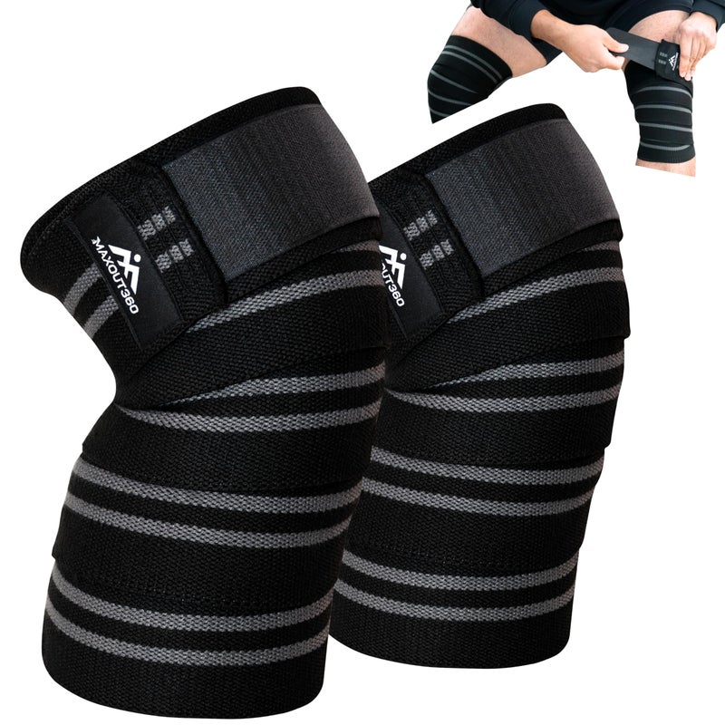 MaxOut360 Knee Wraps for Weightlifting (Pair), 78" Cotton Knee Wrap for Squats & WODs, Knee Straps for Powerlifting with Compression & Elastic Support, Black - Image 1