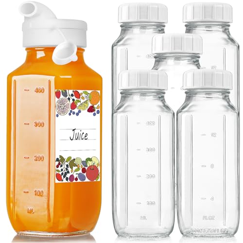 Syntic 6 Pack 16 Oz Glass Juice Bottles with Pour Spout, 100% Airtight Heavy Duty SCREW Lid- Reusable Glass Milk Bottles w Capacity Mark, Square Drinking Jar Juice Container Breast Milk Pitcher(Extra 2 Lid) - Image 1