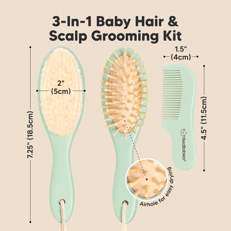 KeaBabies Baby Hair Brush and Comb Set for Newborn - Wooden Baby Hair Brush Set with Soft Goat Bristle, Baby Brush Set for Newborns, Baby Brush and Comb Set Girl, Boy, Toddler Cradle Cap Brush (Oval, Sage) - Image 2