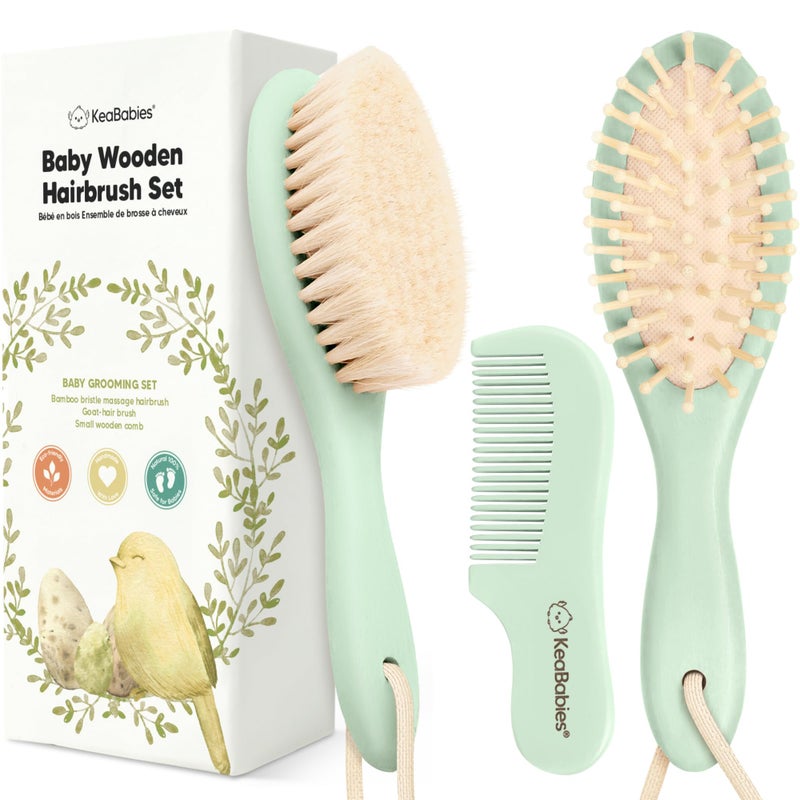 KeaBabies Baby Hair Brush and Comb Set for Newborn - Wooden Baby Hair Brush Set with Soft Goat Bristle, Baby Brush Set for Newborns, Baby Brush and Comb Set Girl, Boy, Toddler Cradle Cap Brush (Oval, Sage) - Image 1