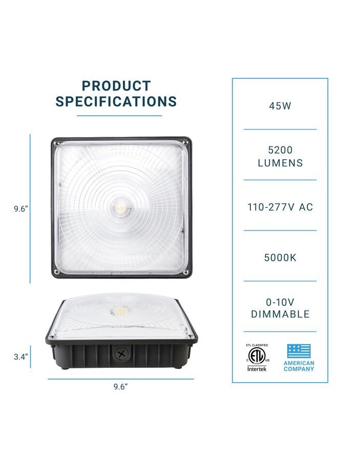 Parmida LED Technologies (4 Pack) Canopy Light, 45W, 0-10V Dimmable,110-277VAC, IP65 Waterproof, ETL-Listed, 5000K (Day Light), 9.6" x 9.6", Gas Station, Street & Outdoor Lighting, Bronze - Image 2