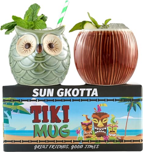 SUN GKOTTA Ceramic Mug Coconut Shape And Owl Shape Tiki Mugs Set of 2 For Gifts Cups - Image 2