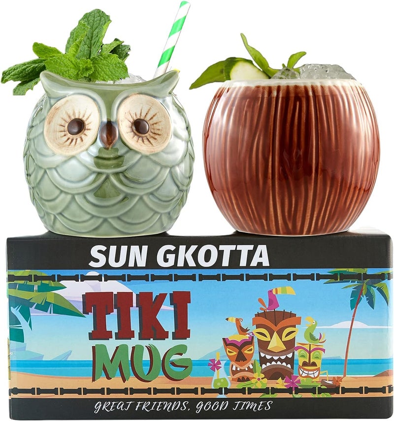 SUN GKOTTA Ceramic Mug Coconut Shape And Owl Shape Tiki Mugs Set of 2 For Gifts Cups - Image 1