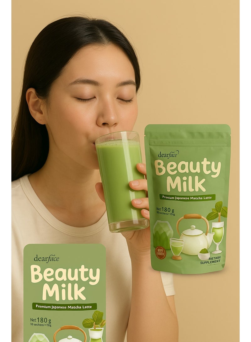 dear face Beauty Milk by Dear Face – 10 Sachets x 18g | Matcha Latte Whitening Milk for Radiant Skin | Antioxidant-Rich Beauty Drink - Image 2