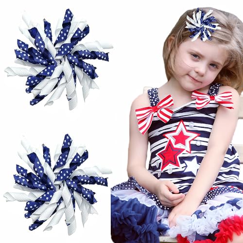 Yxiang 2PCS Indigo Korker Bows for Girls 3'' Curly Bow Hair Clip Ribbon Ponytail Bows Alligator Clip Hair Barrette for Girls Toddlers Kids - Image 1