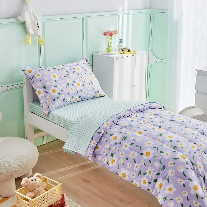Uozzi Bedding طقم سرير UOZZI 4 قطع للبنات الصغيرات باللون الأبيض بتصميم أرجواني مزهر - يتضمن لحاف مزخرف رائع، وشراشف مطابقة باللون الأخضر، وشاشة علوية، وكيس وسادة لسرير البنات - Image 3