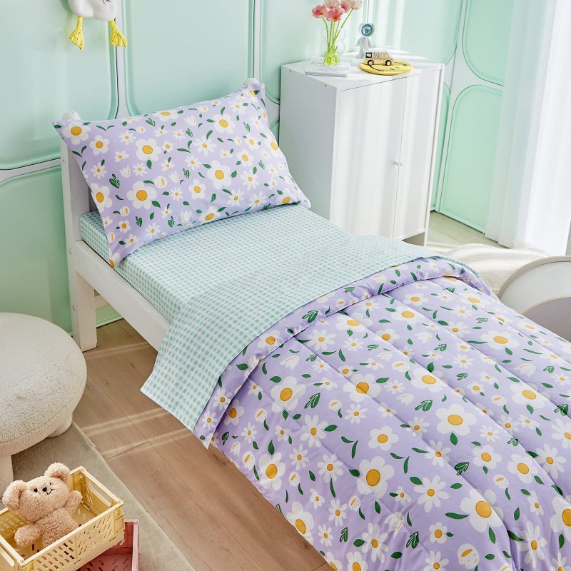 Uozzi Bedding طقم سرير UOZZI 4 قطع للبنات الصغيرات باللون الأبيض بتصميم أرجواني مزهر - يتضمن لحاف مزخرف رائع، وشراشف مطابقة باللون الأخضر، وشاشة علوية، وكيس وسادة لسرير البنات - Image 5