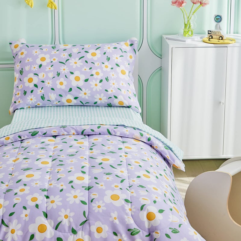Uozzi Bedding طقم سرير UOZZI 4 قطع للبنات الصغيرات باللون الأبيض بتصميم أرجواني مزهر - يتضمن لحاف مزخرف رائع، وشراشف مطابقة باللون الأخضر، وشاشة علوية، وكيس وسادة لسرير البنات - Image 4