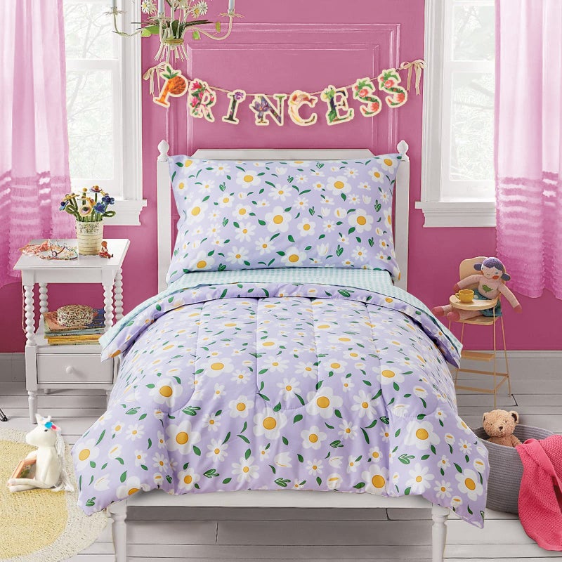 Uozzi Bedding طقم سرير UOZZI 4 قطع للبنات الصغيرات باللون الأبيض بتصميم أرجواني مزهر - يتضمن لحاف مزخرف رائع، وشراشف مطابقة باللون الأخضر، وشاشة علوية، وكيس وسادة لسرير البنات - Image 1