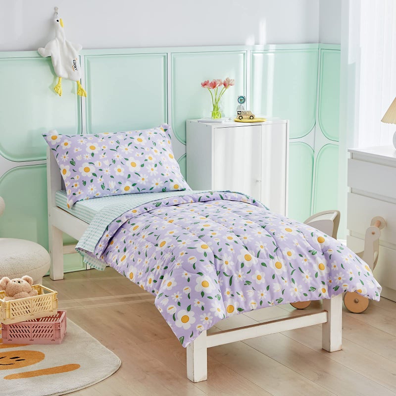 Uozzi Bedding طقم سرير UOZZI 4 قطع للبنات الصغيرات باللون الأبيض بتصميم أرجواني مزهر - يتضمن لحاف مزخرف رائع، وشراشف مطابقة باللون الأخضر، وشاشة علوية، وكيس وسادة لسرير البنات - Image 2