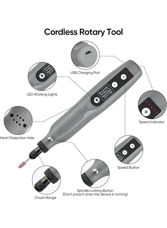 erorex Rotary Tool Kit Cordless 5 Speed Variable And Usb Charging Cable Mini Power Rotary Tools 3.7V With 45Pcs Accessories For Cutting Drilling Sanding Engraving Polishing And Diy Crafts Grey - Image 2