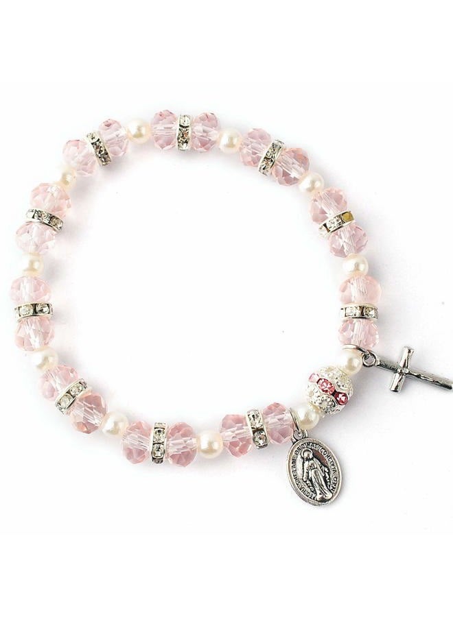 HanlinCC Women's Beaded Stretch Rosary Bracelet with Crucifix and Miraculous Medal (Pink) - Image 4