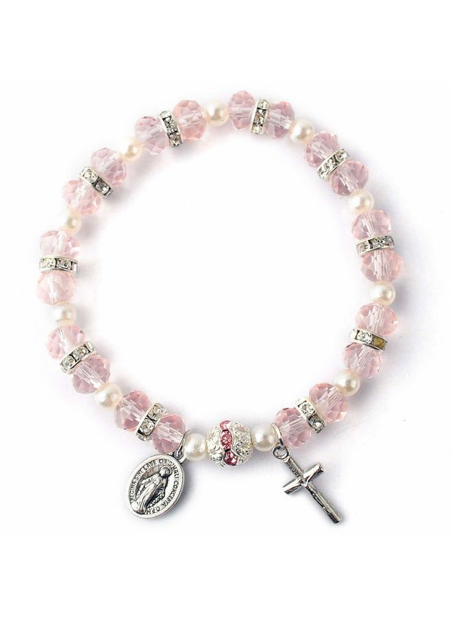 HanlinCC Women's Beaded Stretch Rosary Bracelet with Crucifix and Miraculous Medal (Pink) - Image 1